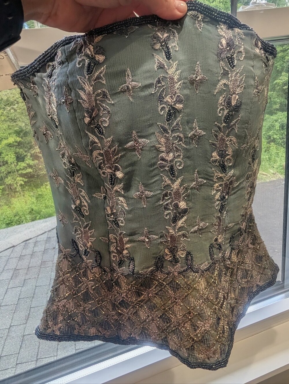 100% Silk Embroidered Strapless Beaded Peplum Top - Slate Blue - Picture 7 of 7